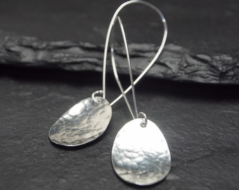 hammered sterling silver long oval discs off sleek sterling silver hooks drop earrings, ildiko jewelry, minimalist jewelry