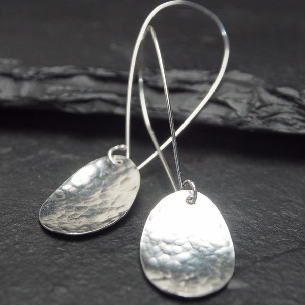 hammered sterling silver long oval discs off sleek sterling silver hooks drop earrings, ildiko jewelry, minimalist jewelry