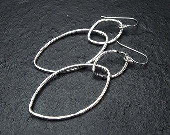 hammered sterling silver marquis leaf shape dangly earrings, minimalist jewelry, ildiko jewelry