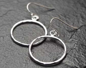 small hammered sterling silver circle drop earrings, ildiko jewelry, minimalist jewelry