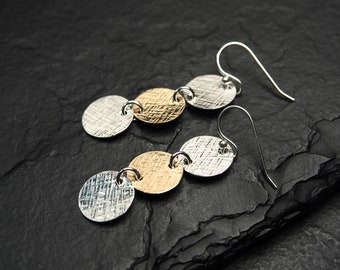 cascading trio of gold and silver textured circles, dangly earrings, ildiko jewelry, minimalist jewelry