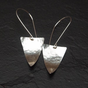 hammered sterling silver triangle drops off sleek sterling silver hooks, ildiko jewelry, minimalist jewelry