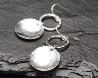 hammered sterling silver disc off hammered sterling silver circle drop earrings, ildiko jewelry, minimalist jewelry