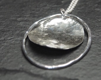 Oval Disc inside Oval Outline Sterling Silver Necklace, Minimalist Jewelry, Ildiko Jewelry
