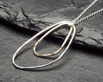 hammered gold and silver rounded triangle pendant on long sterling silver chain necklace, ildiko jewelry, minimalist jewelry