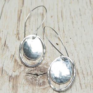 hammered sterling silver oval drop earrings, domed oval and oval outline off long sleek hooks, ildiko jewelry, minimalist jewelry image 1