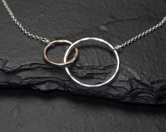 mother daughter hammered gold and silver intertwined two circles necklace, ildiko jewelry, minimalist jewelry