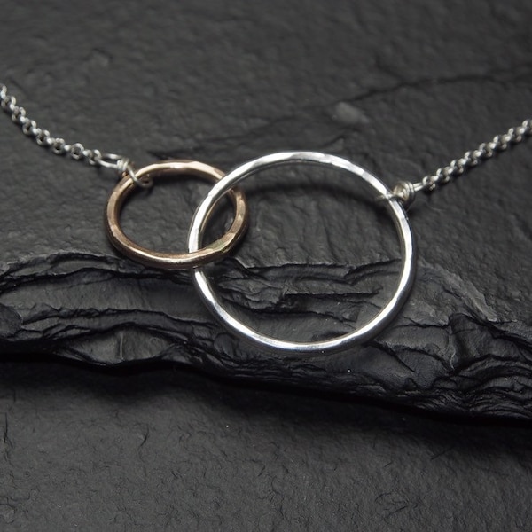 mother daughter hammered gold and silver intertwined two circles necklace, ildiko jewelry, minimalist jewelry