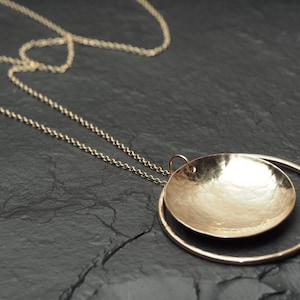 gold hammered circle disc inside circle outline pendant, long gold chain necklace, ildiko jewelry, minimalist jewelry