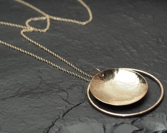 gold hammered circle disc inside circle outline pendant, long gold chain necklace, ildiko jewelry, minimalist jewelry
