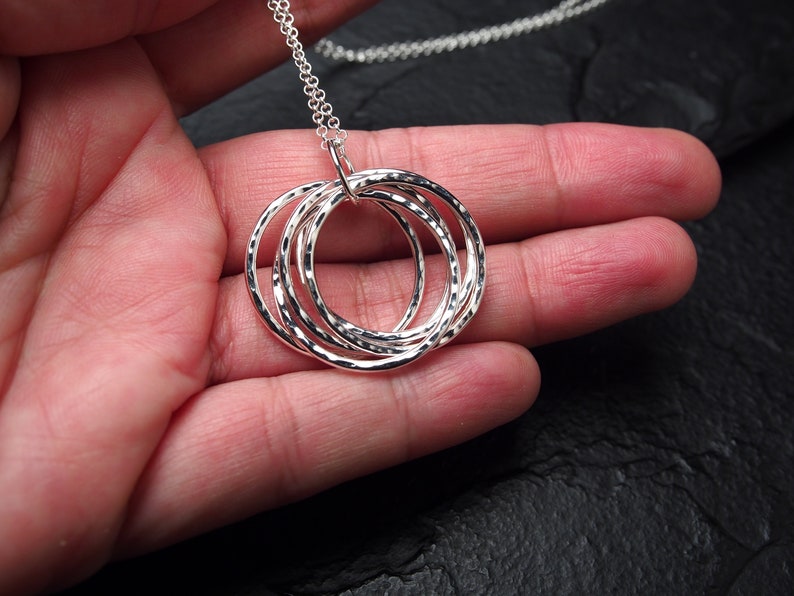 Five Rings Interlocking Hammered Sterling Silver Five Decade Necklace, 50th Birthday Gift ...