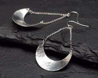 hammered sterling silver crescents swaying from sterling silver chain drop earrings, ildiko jewelry, minimalist jewelry