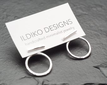 hammered sterling silver small bar and circle ear jacket studs, ildiko jewelry, minimalist jewelry