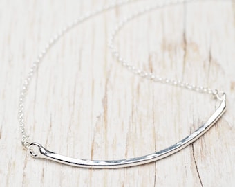 hammered sterling silver curved bar necklace, ildiko jewelry, minimalist jewelry