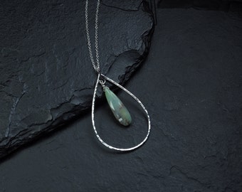 peruvian opal inside hammered sterling silver teardrop pendant, long chain necklace, minimalist jewelry