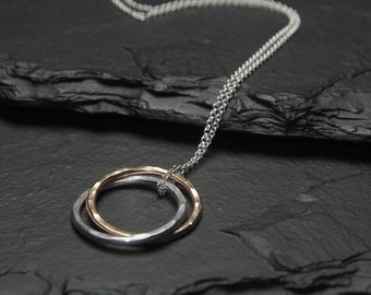 hammered sterling silver and 14k gold fill intertwined circles, long chain necklace, ildiko jewelry, minimalist jewelry