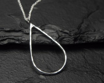 hammered sterling silver teardrop outline pendant on short sterling silver chain necklace, ildiko jewelry, minimalist jewelry