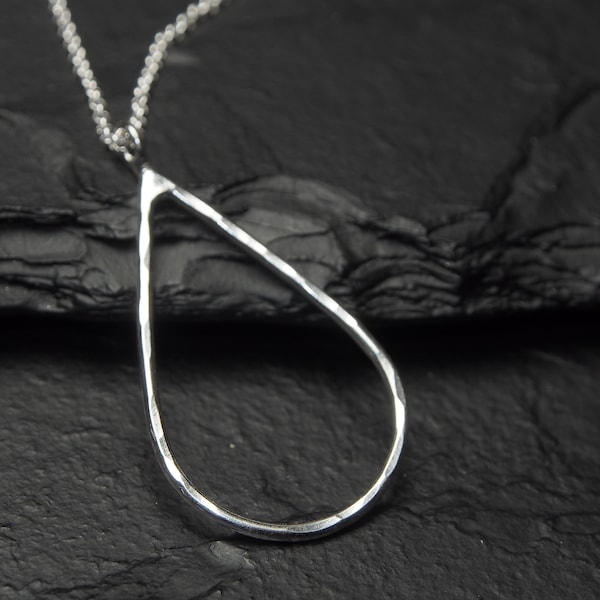 hammered sterling silver teardrop outline pendant on short sterling silver chain necklace, ildiko jewelry, minimalist jewelry