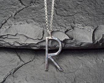 R necklace, hammered sterling silver R necklace, ildiko jewelry, minimalist jewelry