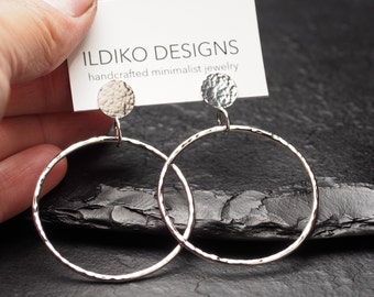 sterling silver circle stud earrings with medium sized hoop drops, minimalist jewelry