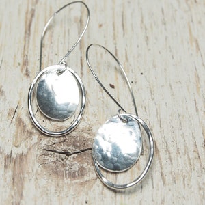 hammered sterling silver oval drop earrings, domed oval and oval outline off long sleek hooks, ildiko jewelry, minimalist jewelry image 7