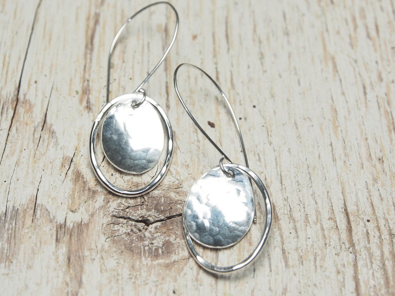 hammered sterling silver oval drop earrings, domed oval and oval outline off long sleek hooks, ildiko jewelry, minimalist jewelry image 7