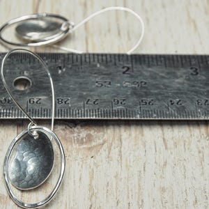 hammered sterling silver oval drop earrings, domed oval and oval outline off long sleek hooks, ildiko jewelry, minimalist jewelry image 5