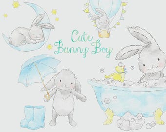 Watercolor Bunny Boy Clipart, Baby Shower Illustration (Digital Download)