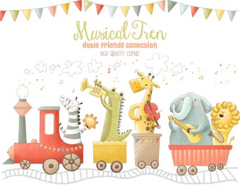 Watercolor musical animal train clipart for nursery, cute birthday train png