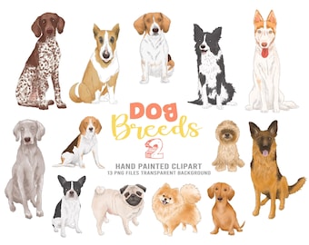 Dog Breeds Watercolor Clipart, Puppy Illustrations (Digital Download)