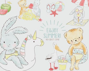 Watercolor Summer Animals Clipart • Beach Pool Party Illustrations (Digital Download)