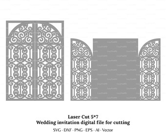 May include: Laser-cut wedding invitation design in gray. The design features an ornate gate with intricate scrollwork and a matching card. The text "Laser Cut 5*7" and "Wedding invitation digital file for cutting" are included.