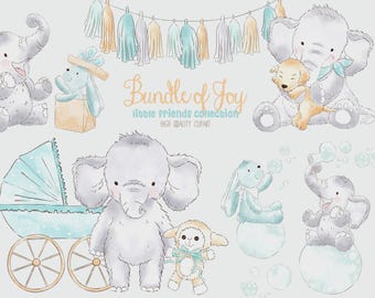 Watercolor Baby Elephant Clipart, Safari Nursery Art (Digital Download)
