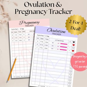 Puede incluir: Dos rastreadores imprimibles para la ovulación y el embarazo, con el texto "Ovulation & Pregnancy Tracker". Los rastreadores son rosas y morados, con una pegatina dorada "2-For-1 Deal!". Un lápiz descansa en la página. También se ve el texto "Designed by a girl on her TTC journey!"