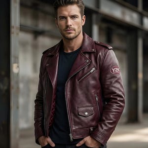 Könnte beinhalten: Burgunderfarbene Leder-Motorradjacke mit asymmetrischem Reißverschluss, Druckknopf-Revers und kleiner Tasche. Mit einem Y2K-Patch auf dem Ärmel. Die Jacke hat ein gestepptes Futter und eine taillierte Passform.