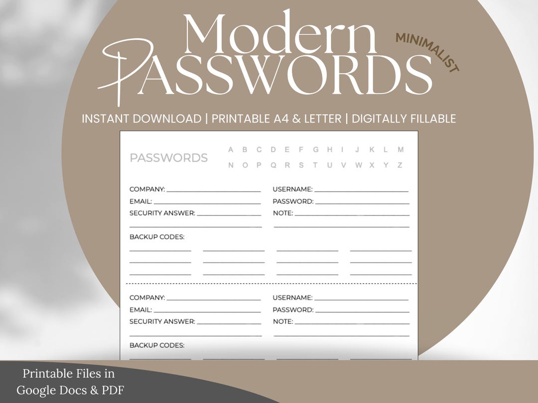 Printable Password Tracker | Security Info, Backup Codes (PDF, Google ...