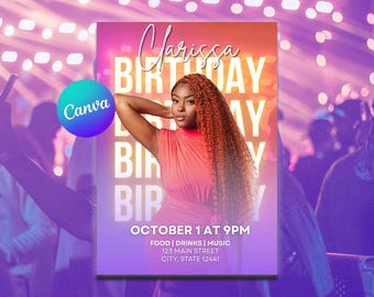 May include: A party invitation featuring a woman in a red dress with long, auburn hair. The invitation includes the name "Clarissa" and the word "BIRTHDAY" repeated multiple times. The event is on October 1st at 9 PM.