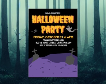 May include: A Halloween party invitation with a black background and orange text that reads "Halloween Party". The invitation includes the date, time, location, and RSVP information. The design features ghosts, tombstones, and a purple landscape.