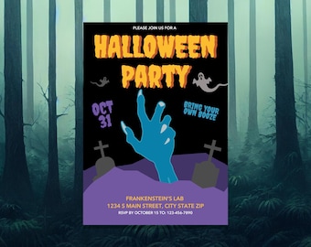 May include: Halloween party invitation with a black background and orange text. A blue hand emerges from a purple ground. Includes text: "Bring your own booze" and "Oct 31".