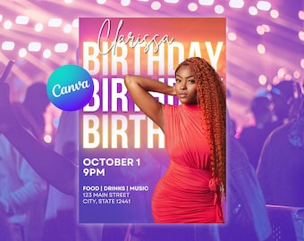 May include: A promotional poster for a birthday celebration featuring a woman in a red dress. The poster includes the name "Clarissa" and the word "BIRTHDAY" in large text. Additional details include the date, time, and event information.