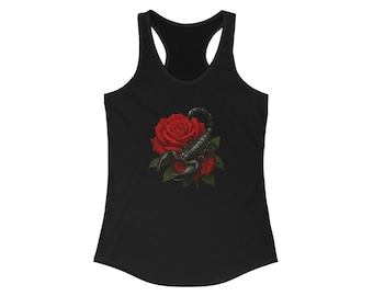 Scorpion and Rose Women's Tank Top, Floral Sleeveless Tee, Nature Print Racerback Shirt, Boho Chic Summer Clothing, Animal Flower Graphic