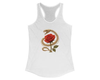 May include: White racerback tank top featuring a detailed graphic of a red rose entwined by a tan snake skeleton. The snake's head is positioned above the rose, creating a unique and artistic design. The tank top is sleeveless with a scoop neck.