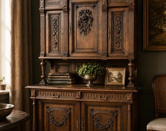 Antique French Renaissance Revival Oak Huntboard Buffet Hutch