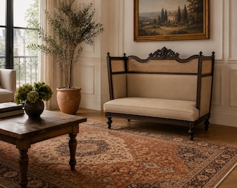 Tommy Bahama Cane Back Loveseat | British Colonial Mahogany Settee | Carved Wood Bench