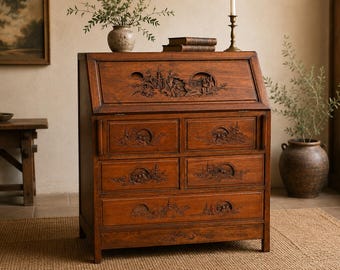 Vintage Hand-Carved Asian Secretary Desk | Japanese Style Drop Front Writing Desk | Carved Landscape Cabinet