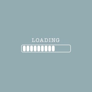 May include: A digital loading bar graphic displayed against a solid muted blue background. The word LOADING is written in white capital letters above a horizontal rectangular frame containing ten white rounded segments, indicating partial progress.