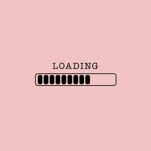 May include: A digital graphic on a solid light pink background featuring the word LOADING in black capital letters centered above a horizontal rectangular progress bar. The progress bar contains nine filled black segments and one empty segment.