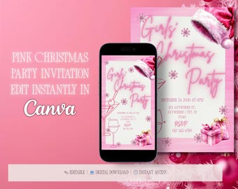 May include: A pink Christmas party invitation design featuring the text "Girls Christmas Party" and a Santa hat illustration. The invitation is shown on a smartphone and a printed card. The text "Edit Instantly in Canva" is also visible.