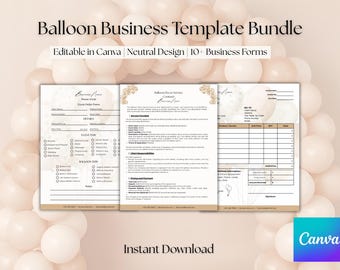 May include: A digital template bundle for balloon businesses, featuring editable forms in Canva. The design is neutral, with a soft beige and white color scheme. The bundle includes over 10 business forms, with the text "Balloon Business Template Bundle" at the top.