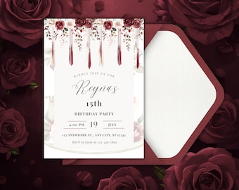 Editable Birthday Invitation Canva Template – Floral Burgundy Blush Party Invite